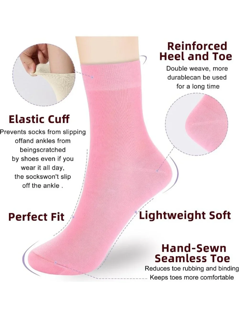 🧦Women's Light Blue Pink 6 Pairs Thin Above Ankle Socks Cotton Crew Socks